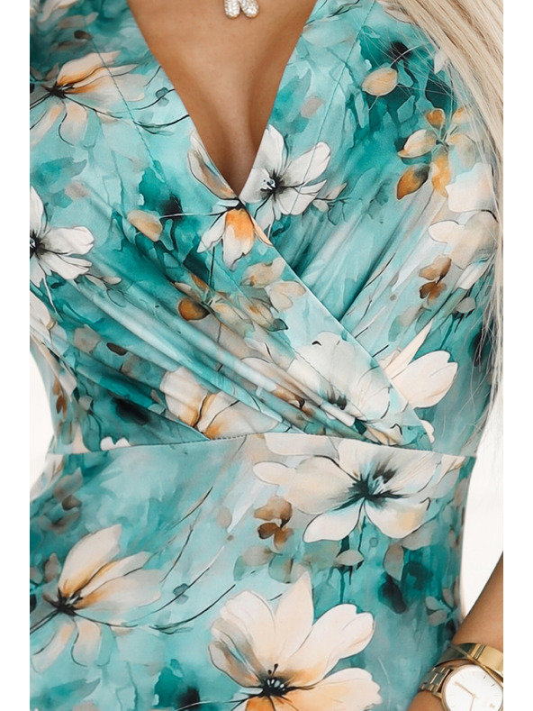 numoco Fitt ruha ceruza nyakkivágással - bézs színű virágok türkiz alapon Numoco