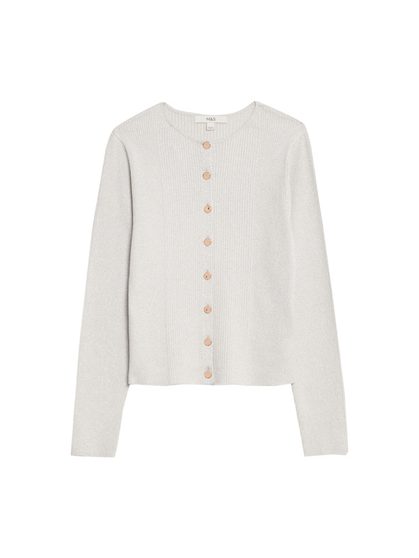 Marks & Spencer Marks & Spencer keskeny szabású metálfényű kardigán nyakba simuló nyakrésszel ezüst