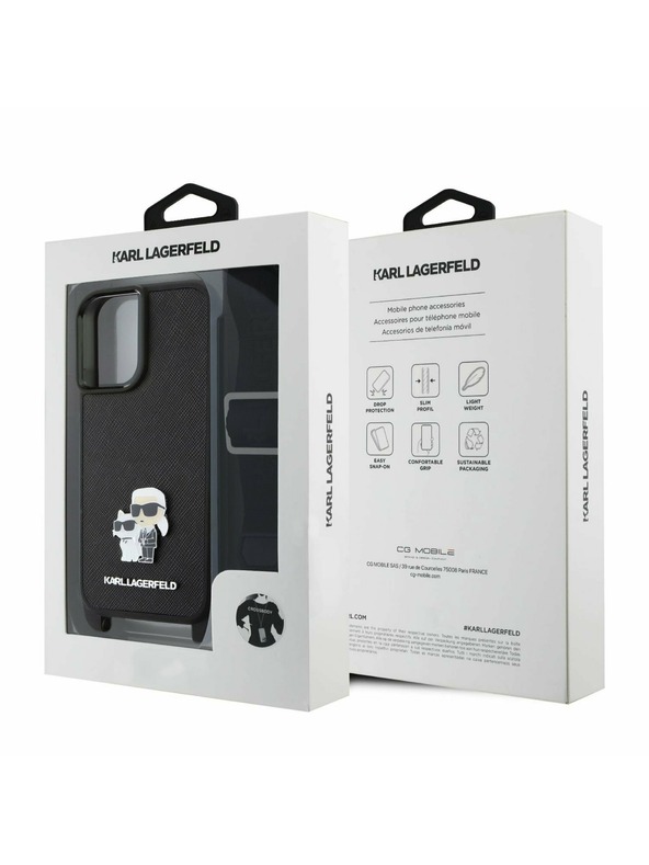 Karl Lagerfeld Karl Lagerfeld Saffiano Keresztpántos Pánt Fém Karl és Choupette Hátlap iPhone 16 Fekete