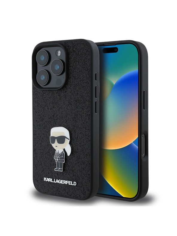 Karl Lagerfeld Karl Lagerfeld Rögzített Csillogó Fém Ikonik Hátlap iPhone 16 Pro Black