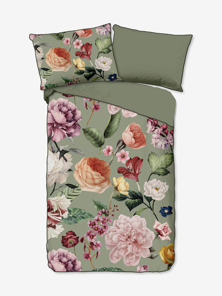 Descanso Zöld mintás szatén Descanso Fiori fordítható ágynemű 140 x 200 cm