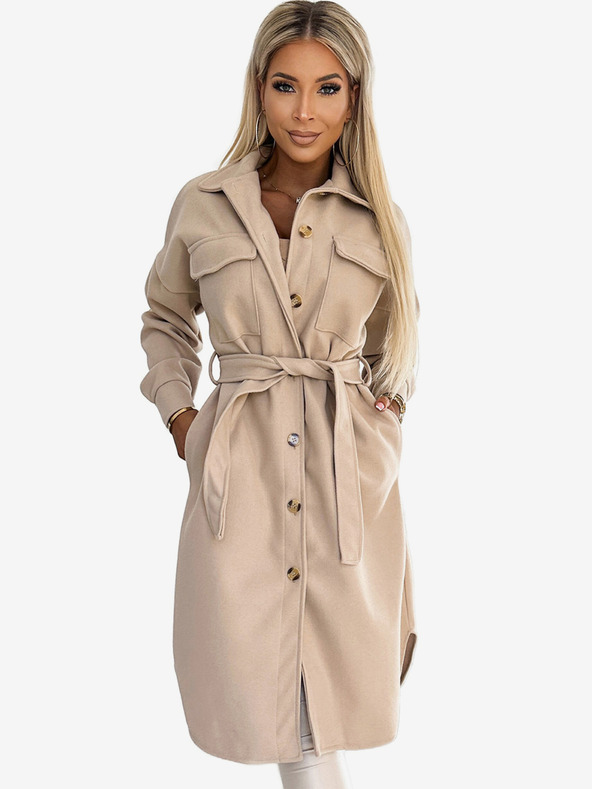 numoco Bézs színű női meleg kabát zsebekkel, gombokkal és derékszíjjal Numoco