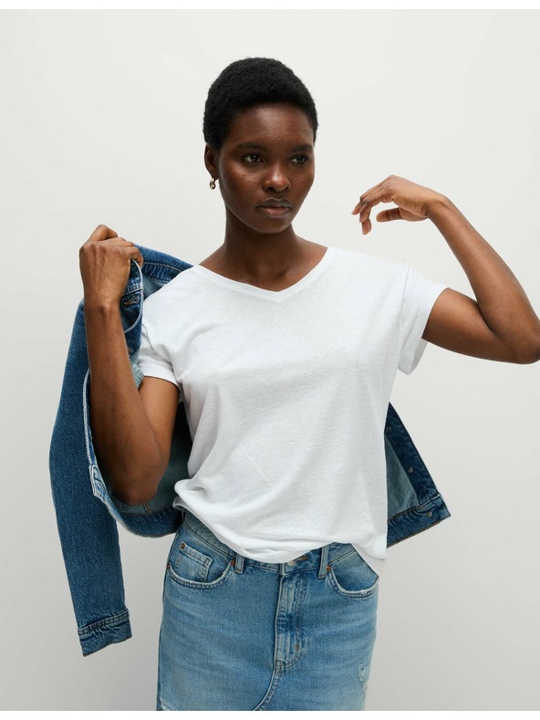 Marks & Spencer Regular fit v-nyakú vászon keverék póló Marks & Spencer fehér