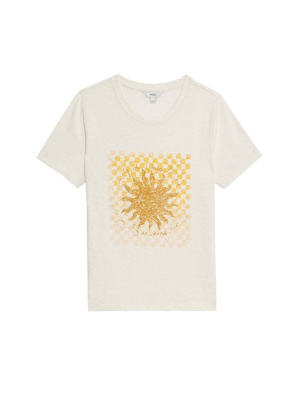 Marks & Spencer Grafikus nyomott mintás póló, tiszta pamutból Marks & Spencer fehér