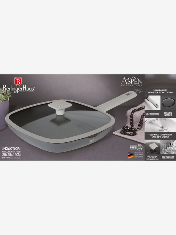 Berlingerhaus Grillserpenyő fedővel, titán tapadásmentes bevonattal 28 cm Aspen Collection BERLINGERHAUS