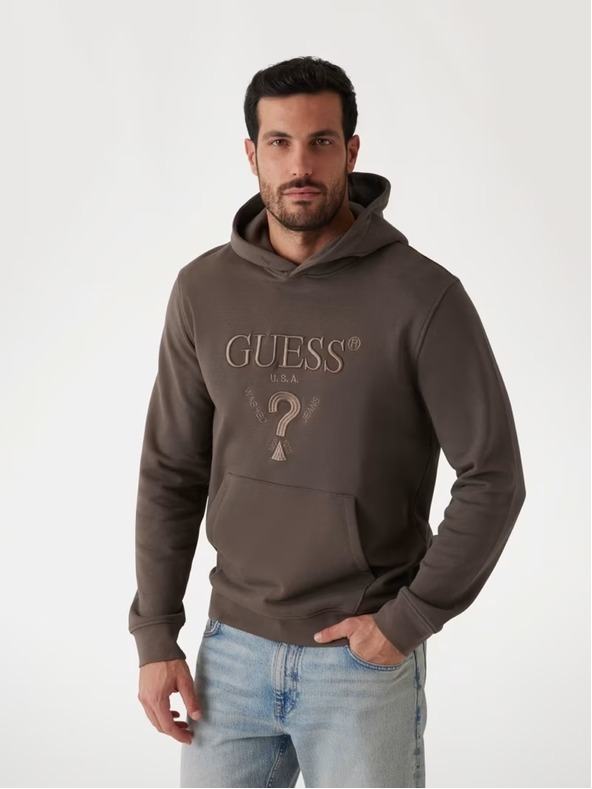 Guess Jeans Férfi barna kapucnis pulóver hímzett logóval Guess jeans