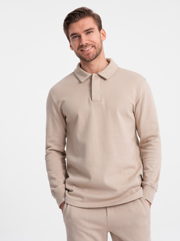 Ombre Clothing Bézs férfi tréningruha póló gallér pulóver + nadrág Ombre ruházat