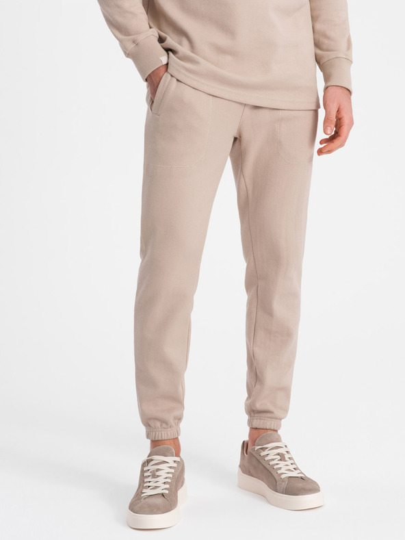 Ombre Clothing Bézs férfi tréningruha póló gallér pulóver + nadrág Ombre ruházat