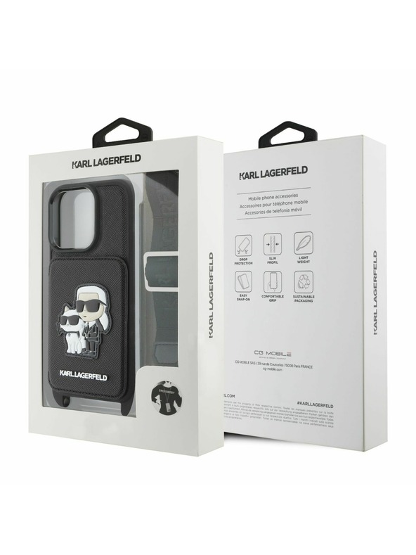Karl Lagerfeld Karl Lagerfeld Saffiano Crossbody Karl and Choupette szíjas tok iPhone 16 Pro-hoz fekete
