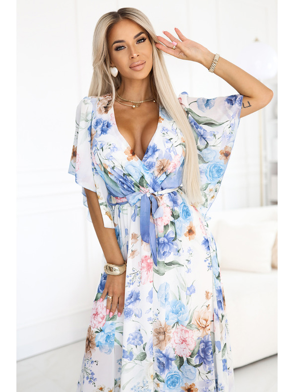 numoco Légies, virágos mintás kék rózsás maxi átlapolós ruha