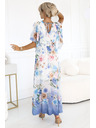 numoco Légies, virágos mintás kék rózsás maxi átlapolós ruha