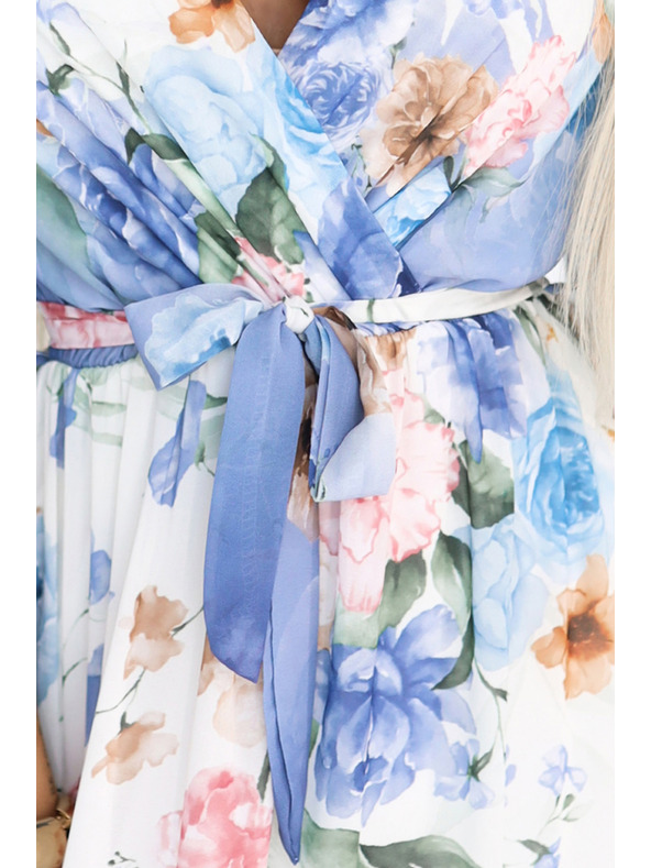 numoco Légies, virágos mintás kék rózsás maxi átlapolós ruha