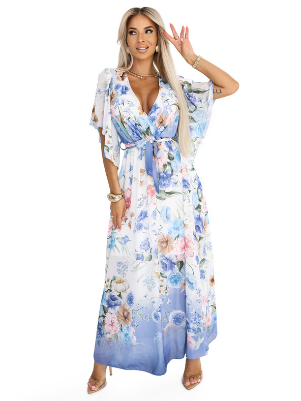 numoco Légies, virágos mintás kék rózsás maxi átlapolós ruha