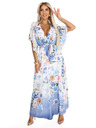 numoco Légies, virágos mintás kék rózsás maxi átlapolós ruha