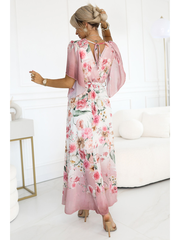 numoco Légies, virágos mintás rózsaszín rózsás maxi átlapolós ruha