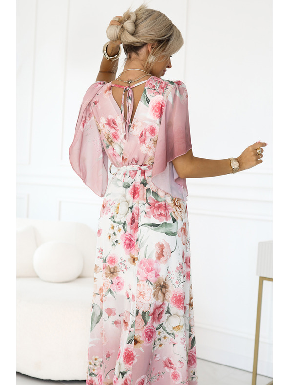 numoco Légies, virágos mintás rózsaszín rózsás maxi átlapolós ruha