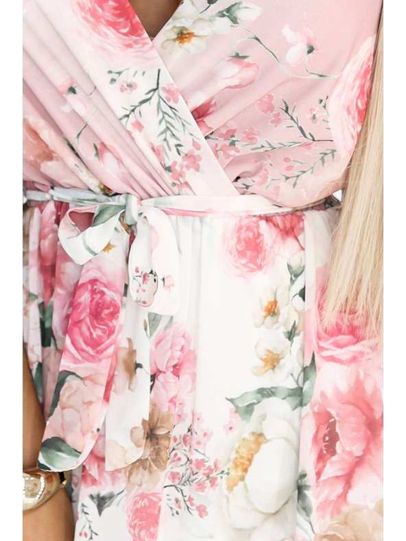 numoco Légies, virágos mintás rózsaszín rózsás maxi átlapolós ruha