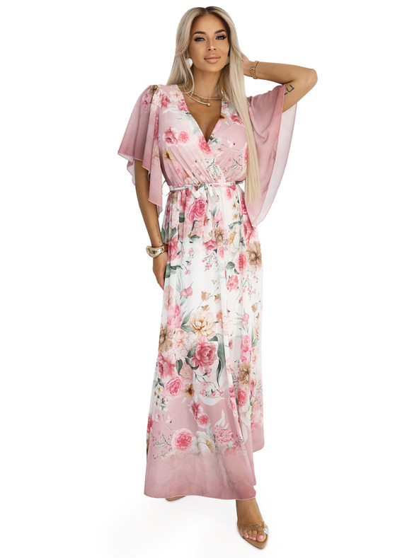 numoco Légies, virágos mintás rózsaszín rózsás maxi átlapolós ruha