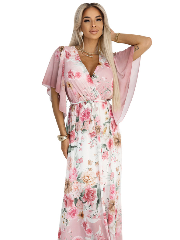 numoco Légies, virágos mintás rózsaszín rózsás maxi átlapolós ruha