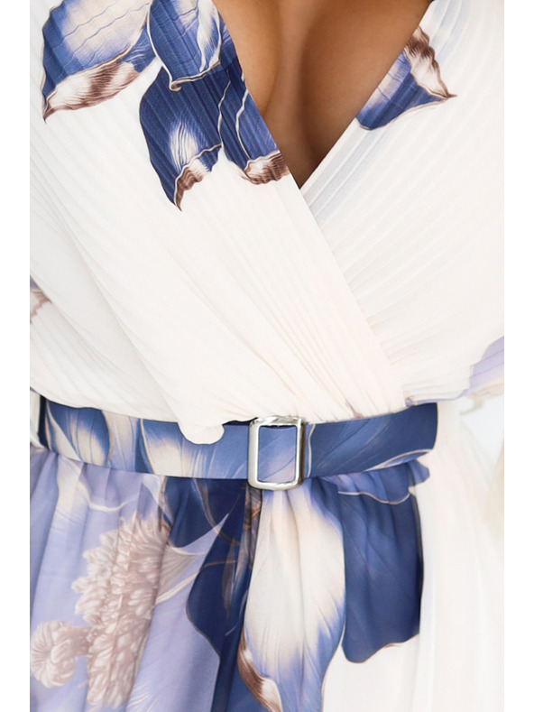 numoco Légies, virágos mintás kék árnyalatú midi átlapolós ruha