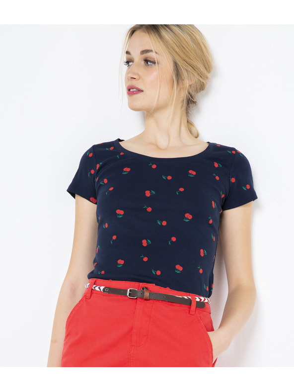 CAMAIEU Sötétkék póló cseresznye nyomattal