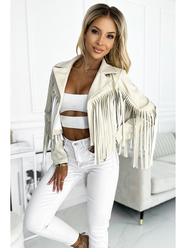 numoco Rövid bézs dzseki finom öko bőr rojtozattal