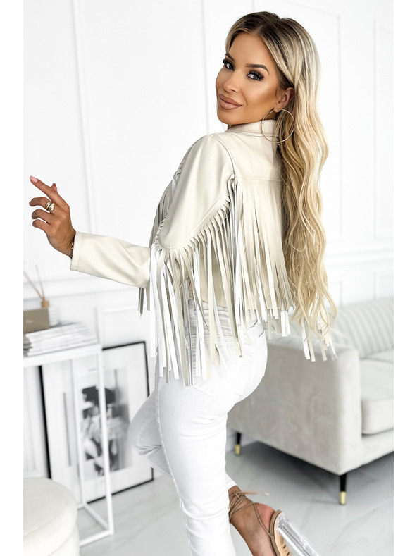 numoco Rövid bézs dzseki finom öko bőr rojtozattal