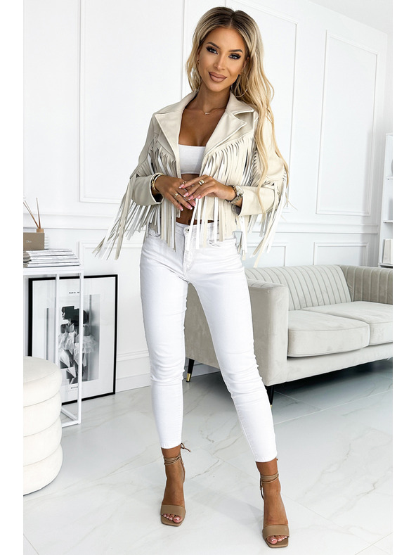 numoco Rövid bézs dzseki finom öko bőr rojtozattal