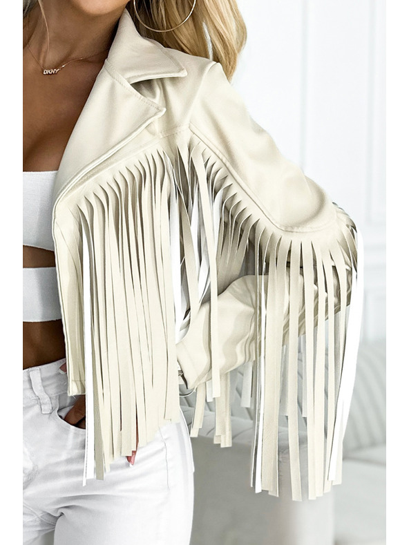 numoco Rövid bézs dzseki finom öko bőr rojtozattal