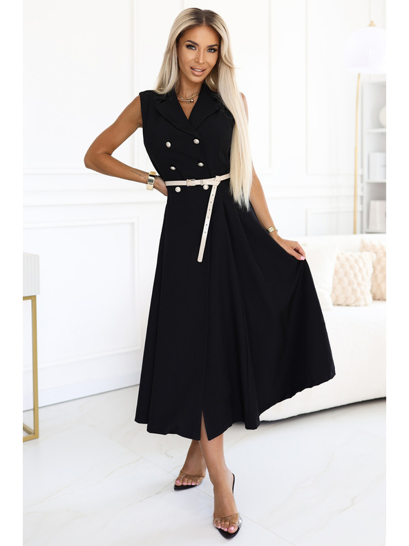 numoco Elegáns midi ing stílusú ruha arany gombokkal és övvel