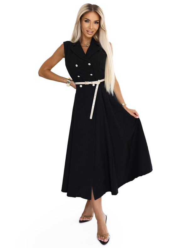 numoco Elegáns midi ing stílusú ruha arany gombokkal és övvel