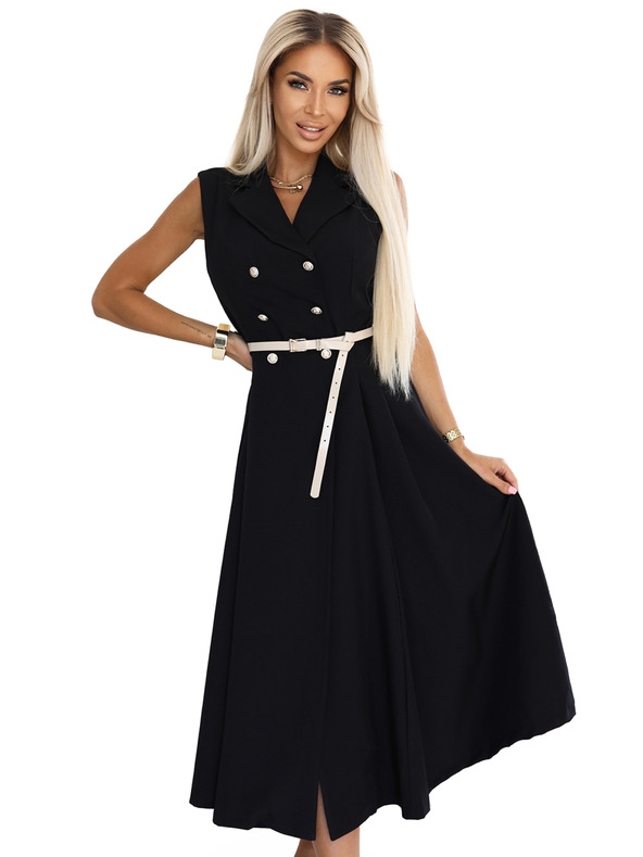 numoco Elegáns midi ing stílusú ruha arany gombokkal és övvel