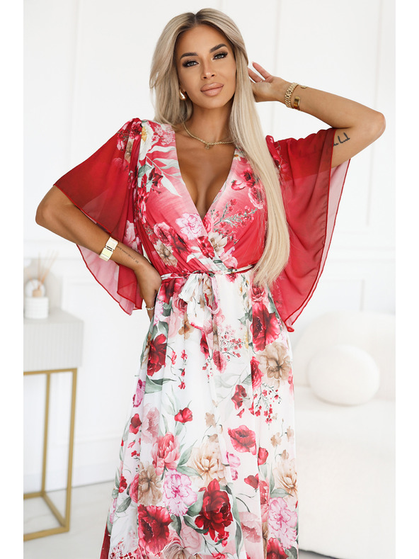 numoco Légies hosszú átlapolt maxi ruha piros rózsás mintával