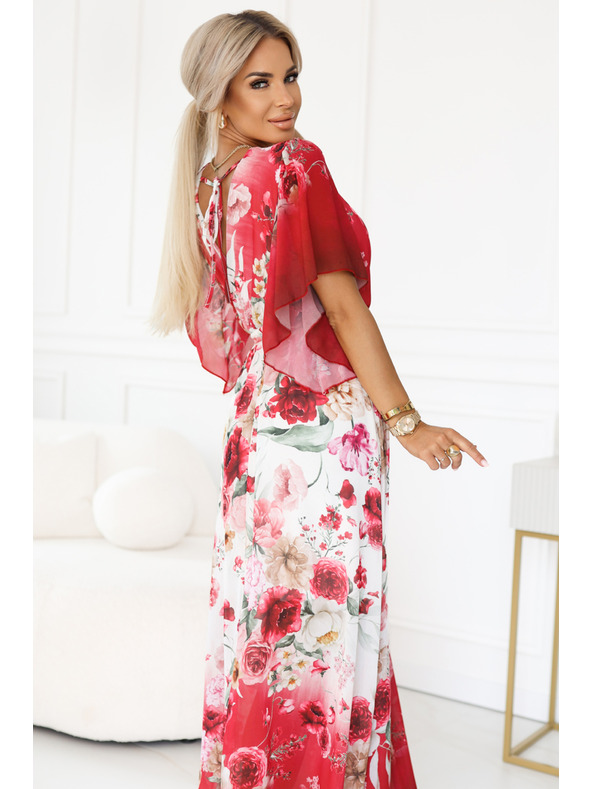 numoco Légies hosszú átlapolt maxi ruha piros rózsás mintával