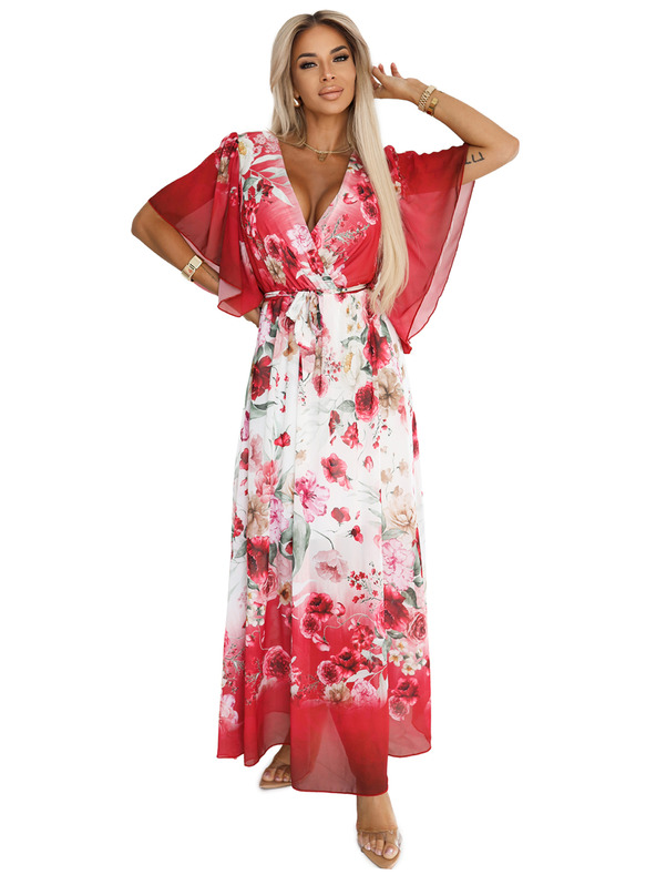 numoco Légies hosszú átlapolt maxi ruha piros rózsás mintával
