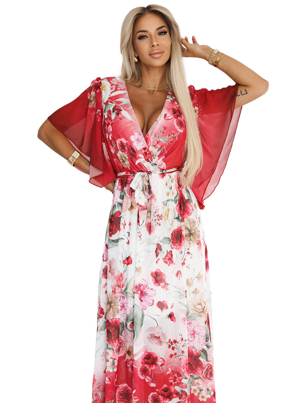 numoco Légies hosszú átlapolt maxi ruha piros rózsás mintával