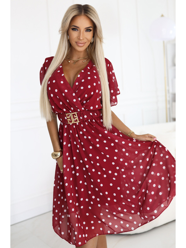 numoco Érzéki bordó ruha fehér pöttyökkel és díszövvel