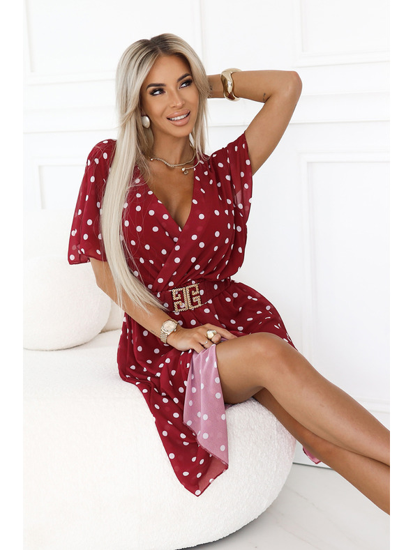 numoco Érzéki bordó ruha fehér pöttyökkel és díszövvel