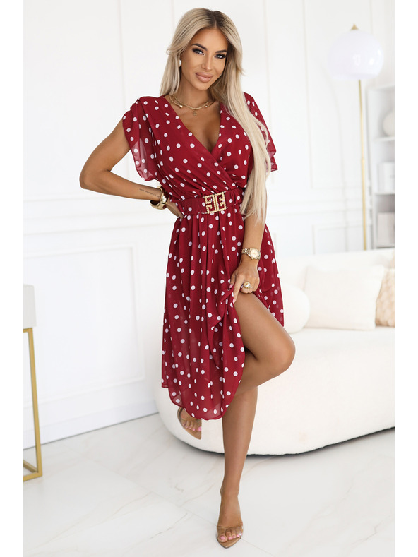 numoco Érzéki bordó ruha fehér pöttyökkel és díszövvel