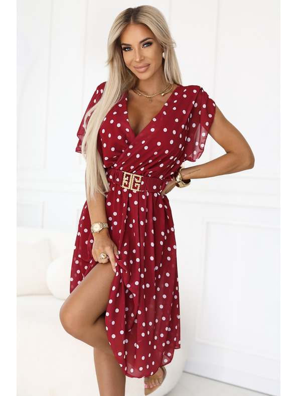 numoco Érzéki bordó ruha fehér pöttyökkel és díszövvel