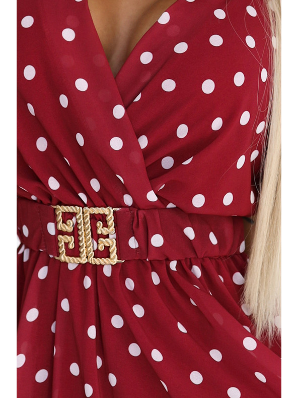 numoco Érzéki bordó ruha fehér pöttyökkel és díszövvel