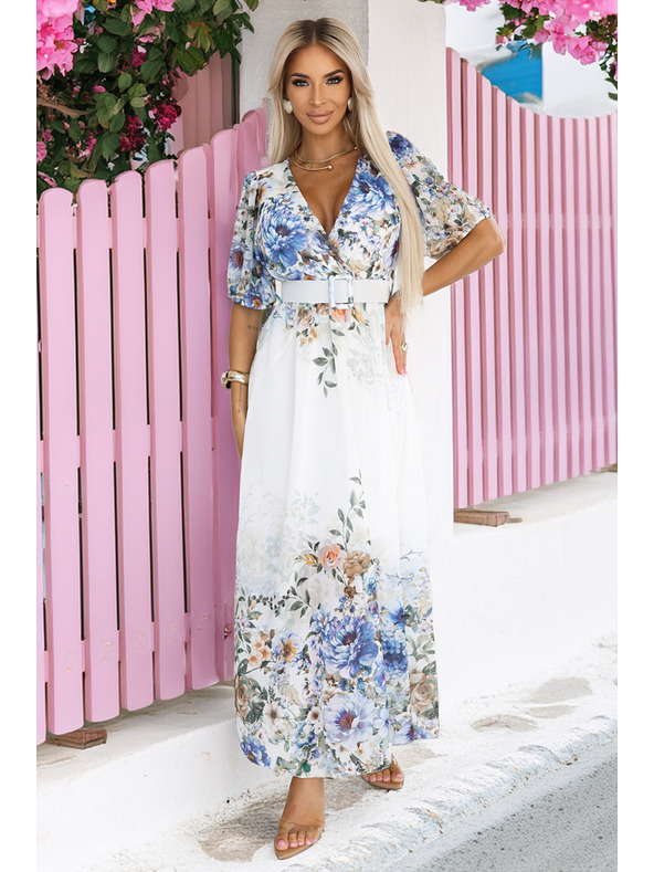 numoco CELINA légies maxi ruha V nyakkivágással, övvel és virágos ombré mintával