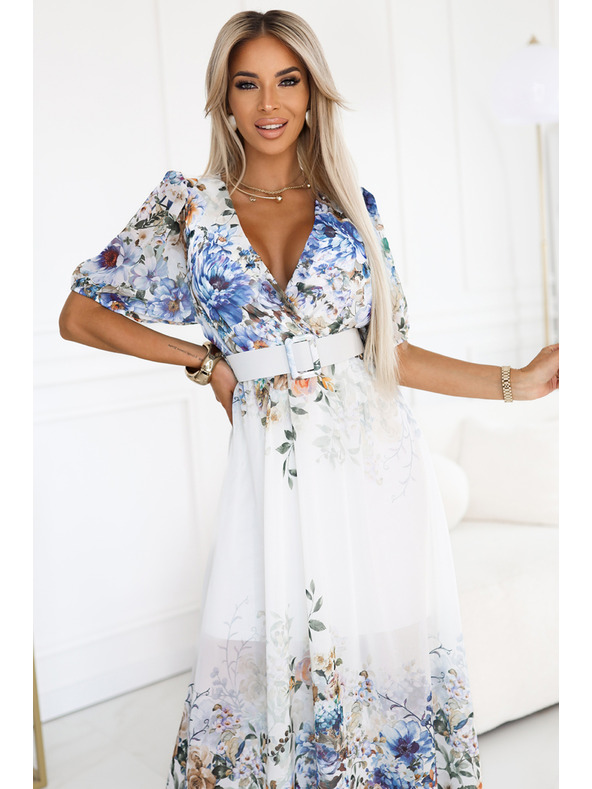 numoco CELINA légies maxi ruha V nyakkivágással, övvel és virágos ombré mintával