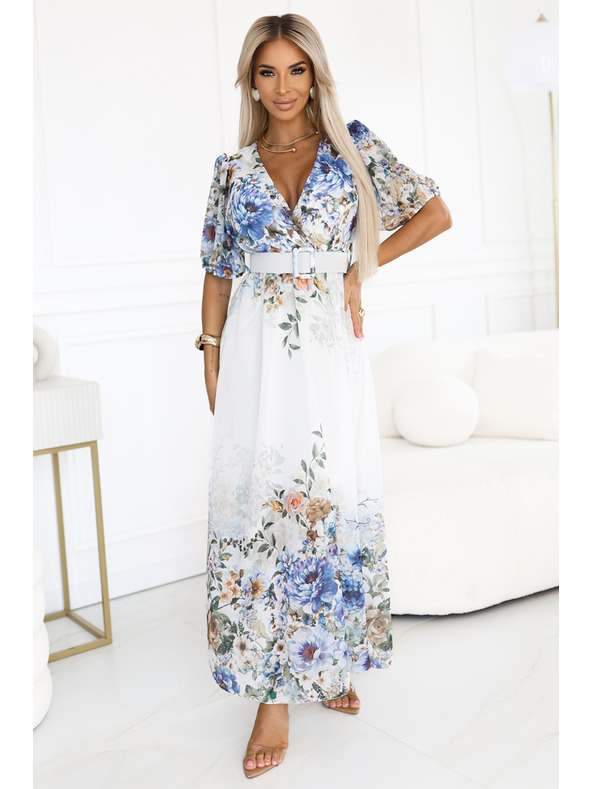 numoco CELINA légies maxi ruha V nyakkivágással, övvel és virágos ombré mintával