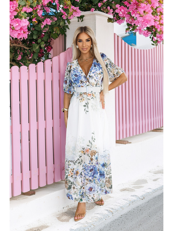 numoco CELINA légies maxi ruha V nyakkivágással, övvel és virágos ombré mintával