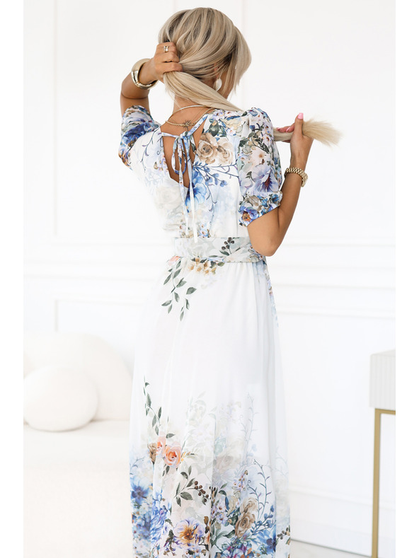numoco CELINA légies maxi ruha V nyakkivágással, övvel és virágos ombré mintával