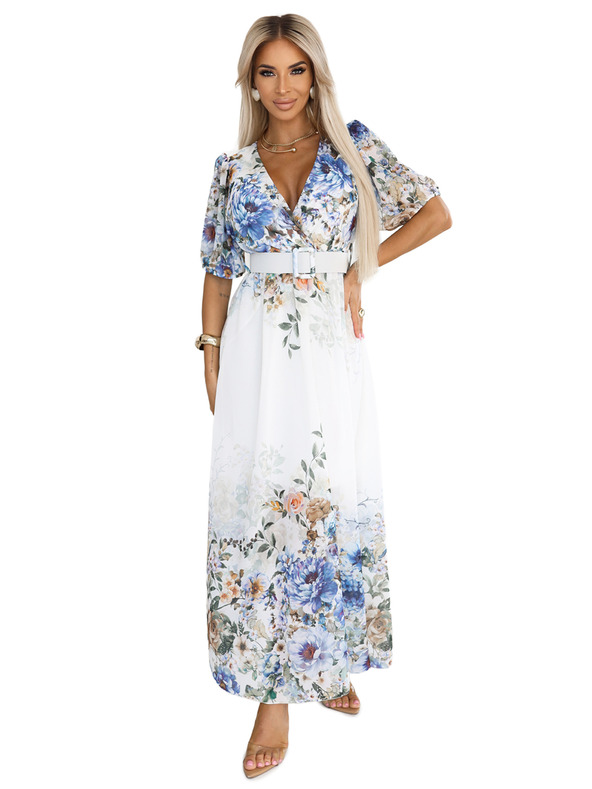 numoco CELINA légies maxi ruha V nyakkivágással, övvel és virágos ombré mintával