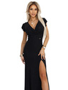 numoco Ragyogó hosszú fekete IRINA ruha csillogással, átlapolt nyakkivágással és hasítékkal