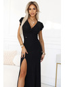 numoco Ragyogó hosszú fekete IRINA ruha csillogással, átlapolt nyakkivágással és hasítékkal