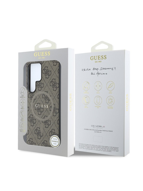 Guess Guess PU Bőr 4G Színes Gyűrűs MagSafe Hátlap Samsung Galaxy S25 Ultra telefonhoz Brown